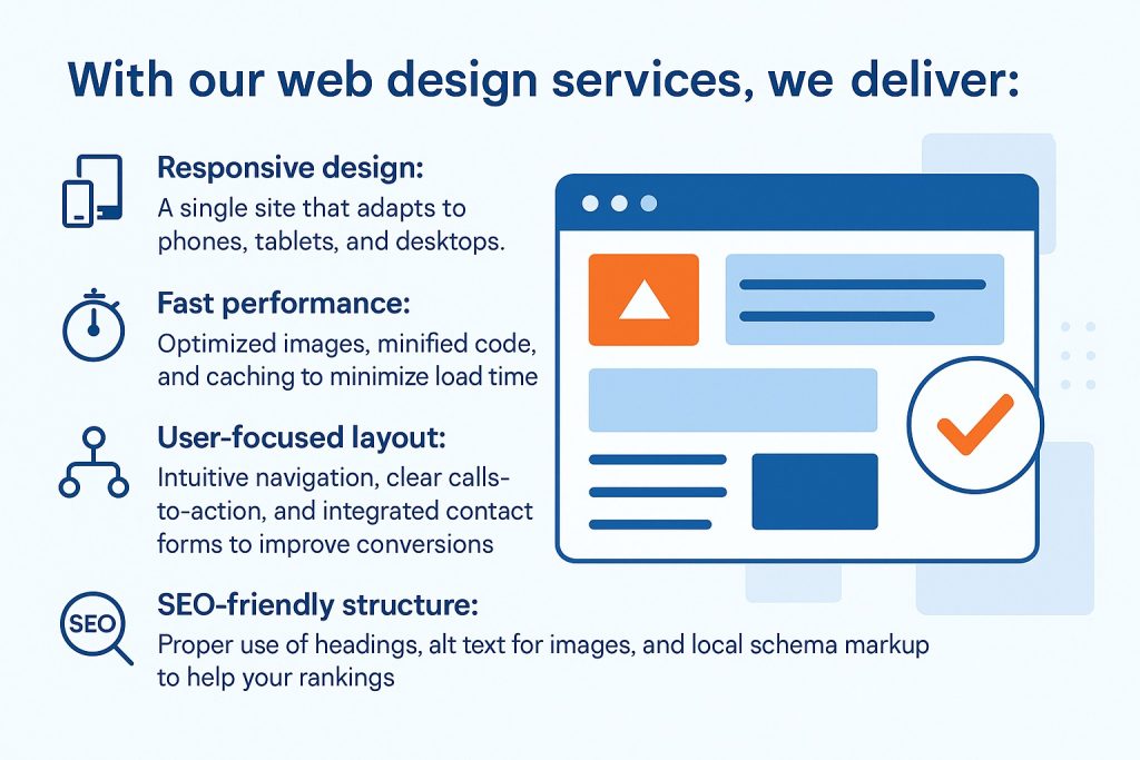 Infographic displaying key web design services offered in New York, including responsive design, fast performance, user-focused layout, and SEO-friendly structure, aimed at improving website performance, user experience, and search rankings.