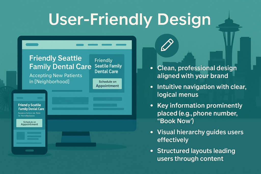 User-friendly web design infographic for Seattle businesses showing intuitive navigation, clear visual hierarchy, and professional branding elements with Seattle skyline silhouettes.