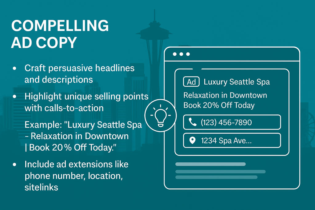 Digital infographic about crafting compelling PPC ad copy with Seattle skyline in the background. Shows tips on persuasive headlines, calls-to-action, and ad extensions, featuring an example of a Seattle spa ad.