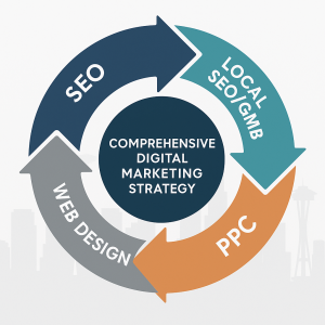 Infographic showing a circular digital marketing strategy with SEO, Local SEO/GMB, PPC, and Web Design interconnected around a central hub labeled Comprehensive Digital Marketing Strategy, with Seattle skyline in the background.