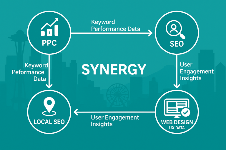Vector infographic illustrating synergy and feedback loop between PPC, SEO, Local SEO, and Web Design, with data flow arrows labeled keyword performance data and user engagement insights, set against Seattle skyline background in teal and white color scheme.