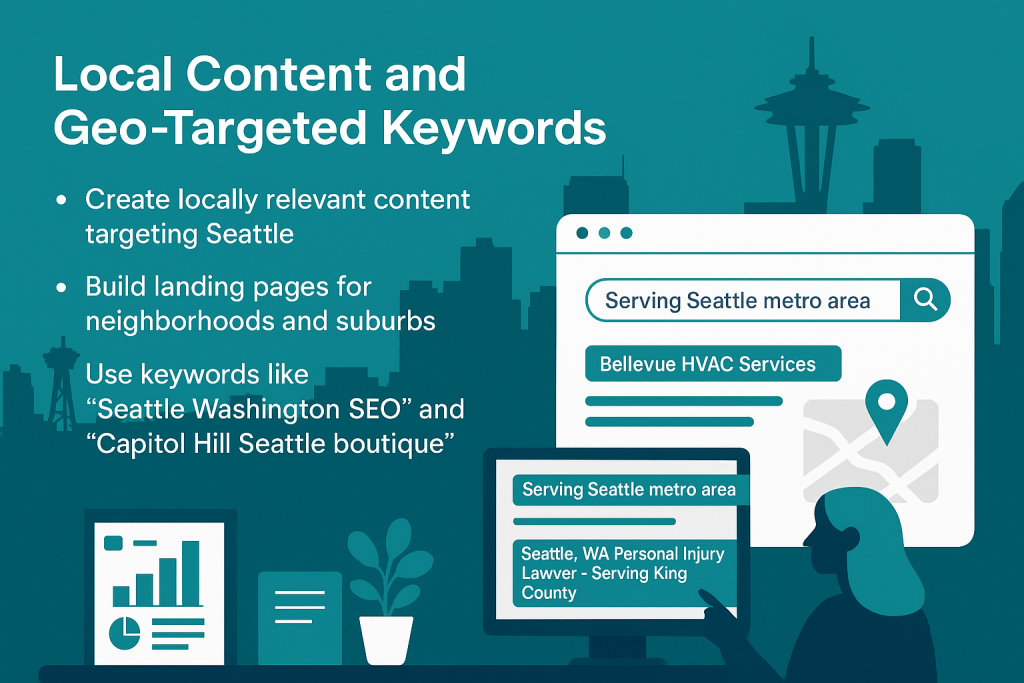 Infographic about local content and geo-targeted keywords for Seattle businesses, highlighting strategies like creating neighborhood landing pages, using location-specific keywords, and targeting areas like Bellevue and Capitol Hill. Features Seattle skyline silhouettes and corporate elements.