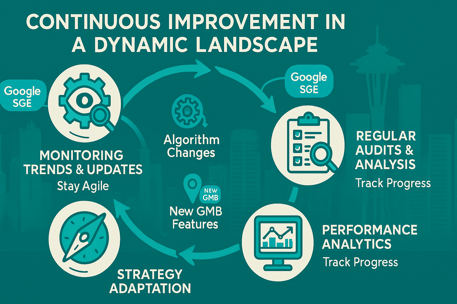 Vector infographic illustrating continuous improvement in a dynamic landscape with four phases: monitoring trends, regular audits, performance analytics, and strategy adaptation, connected by circular arrows with Seattle skyline background in teal and white color scheme.