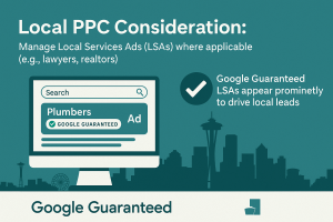 Flat-design digital graphic about Local PPC in Seattle showing Google Local Services Ads (LSAs) with a 'Google Guaranteed' badge, a computer screen with a plumber ad, and Seattle skyline silhouettes, highlighting how LSAs boost local leads for industries like lawyers and contractors.