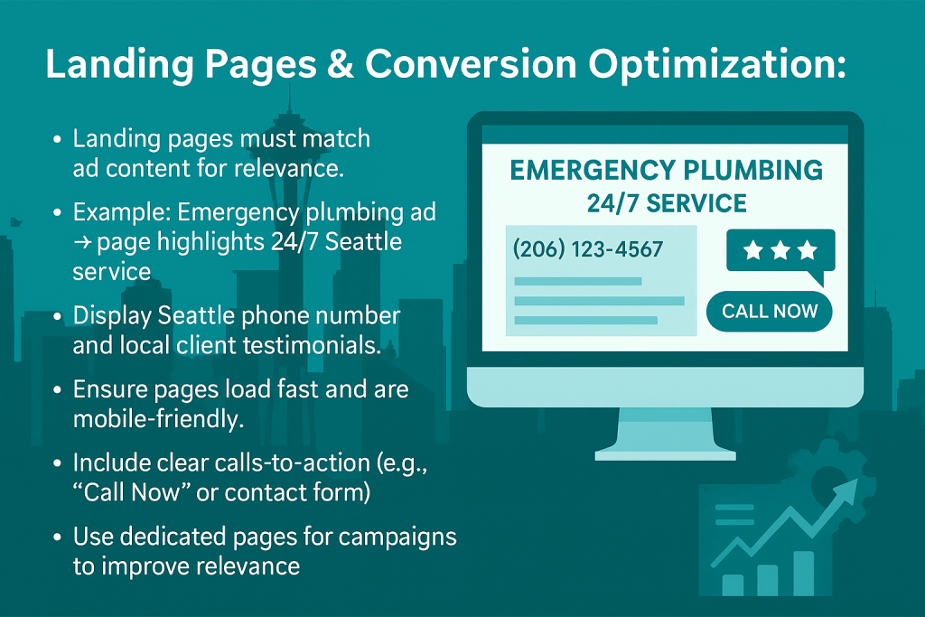 Seattle landing pages and conversion optimization infographic showing ad-relevant content, Seattle-specific phone numbers, local testimonials, mobile-friendly design, clear calls-to-action, and dedicated pages to improve conversion rates.