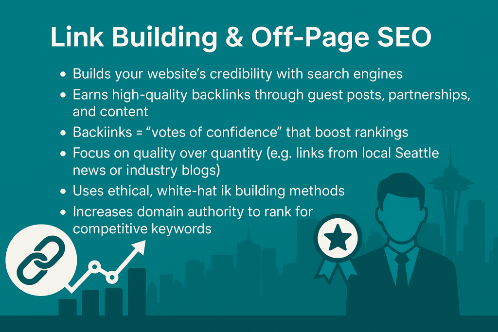 Seattle-themed infographic illustrating Link Building and Off-Page SEO strategies with city skyline in background; highlights include guest posting, high-quality backlinks, domain authority improvement, and ethical white-hat SEO methods. Corporate icons reinforce credibility and rankings.