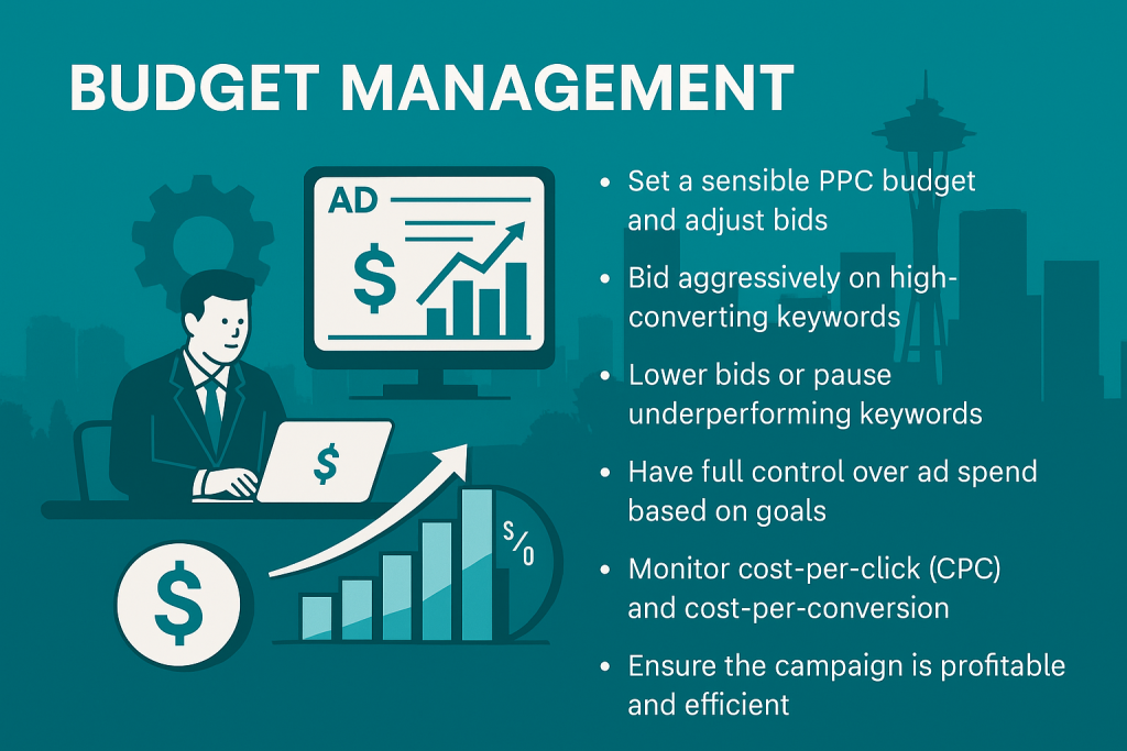 Seattle PPC budget management infographic with skyline silhouette, showing strategies like setting budgets, adjusting bids, monitoring CPC, and maximizing ROI for ad campaigns.