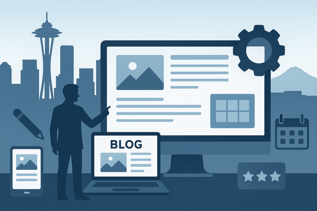 Corporate style illustration featuring content management and training with Seattle skyline background, showing WordPress CMS interface, blog section, training elements, and digital tools for easy website updates.