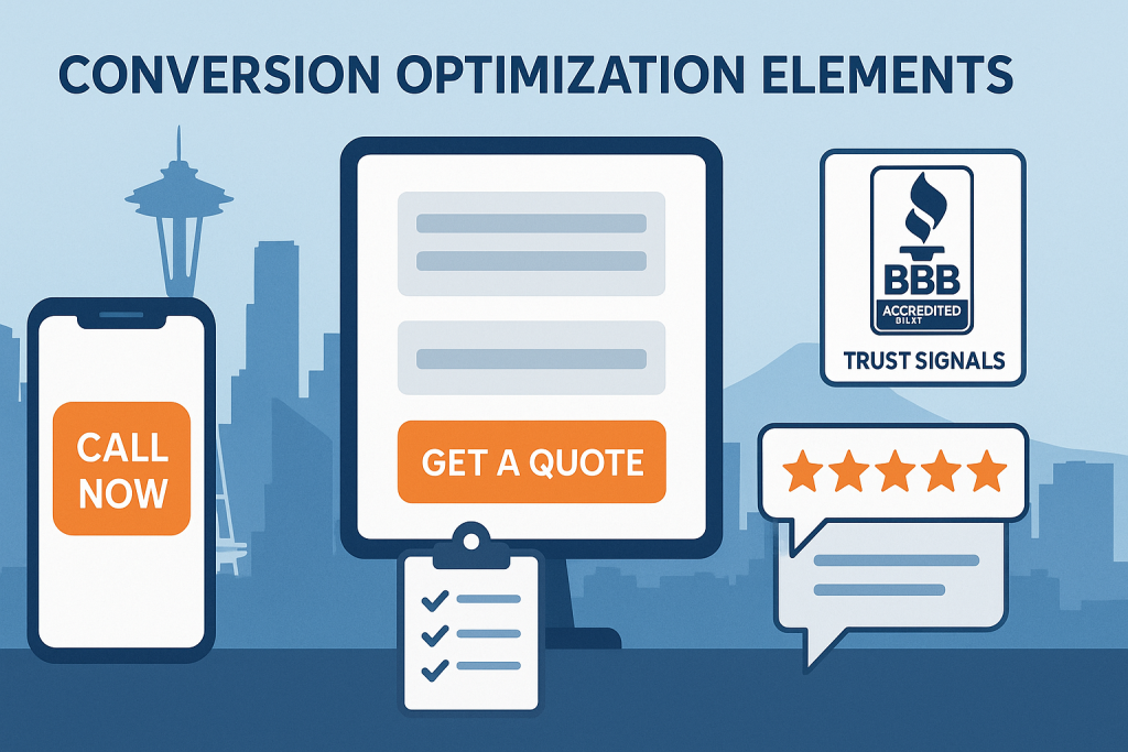 Corporate style illustration showing conversion optimization elements with Seattle skyline in background, featuring mobile Call Now button, Get a Quote form, trust signals, and 5-star review icons.