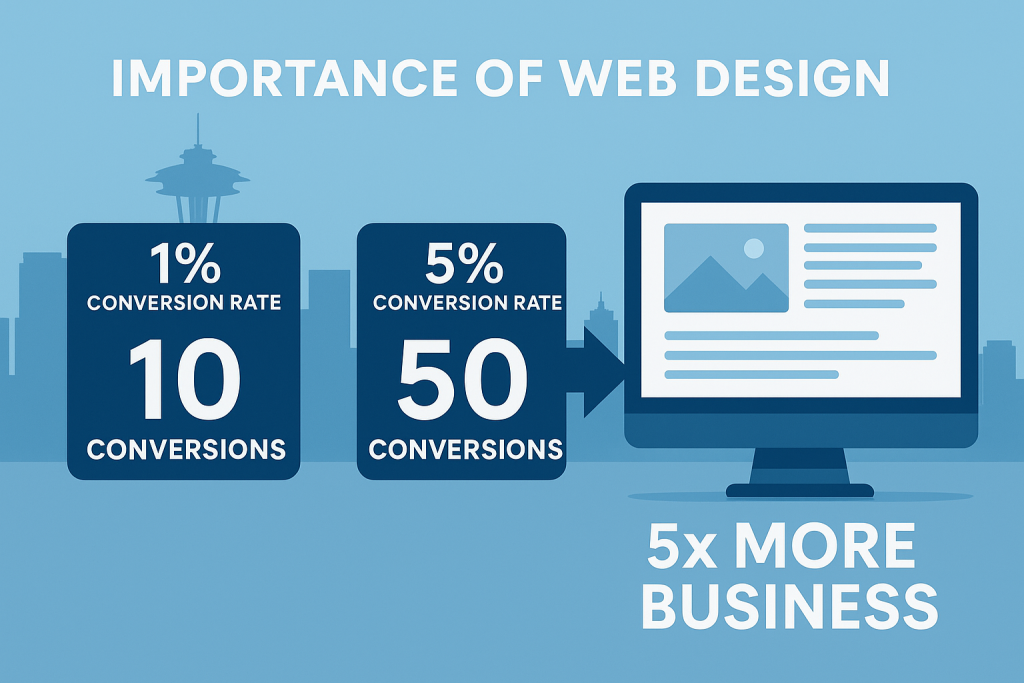 Corporate style infographic showing web design impact on conversion rates with Seattle skyline background, comparing 1% conversion rate at 10 conversions versus 5% conversion rate at 50 conversions, emphasizing five times more business.