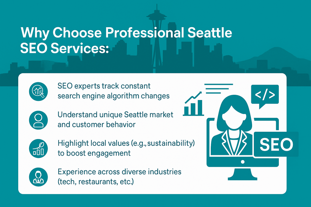 Infographic on why to choose professional Seattle SEO services, highlighting expertise in algorithm updates, understanding Seattle’s unique market, promoting sustainability values, and experience across diverse industries like tech and restaurants. Includes Seattle skyline silhouettes and corporate-themed elements.