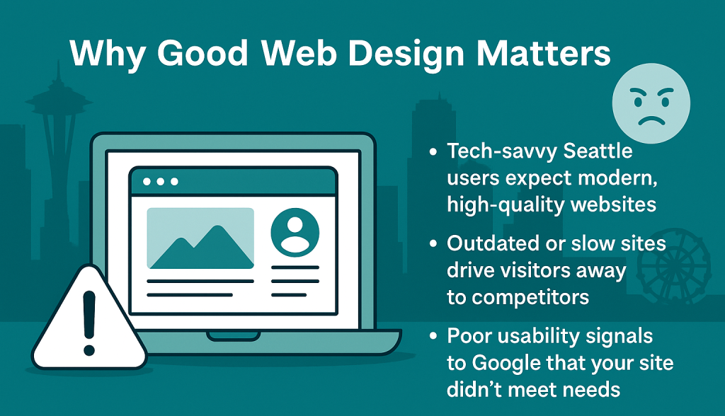 Flat digital infographic showing why good web design matters for Seattle businesses, featuring laptop icon, Seattle skyline silhouettes, and key points on user expectations, slow website risks, and SEO impact.