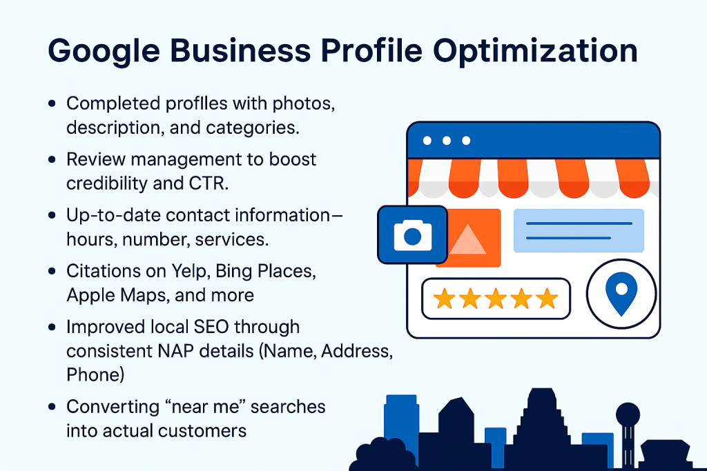 2D infographic titled "Google Business Profile Optimization" featuring a checklist of local SEO tactics alongside an illustrated profile interface with icons for photos, reviews, and maps.