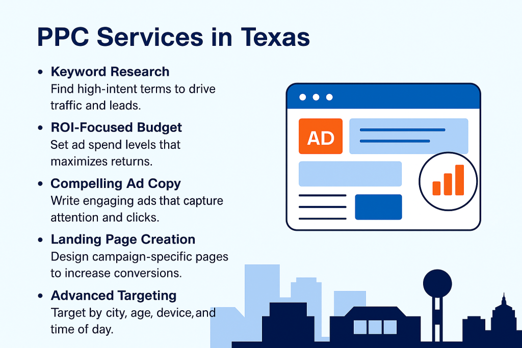 Infographic illustrating PPC services in Texas, highlighting keyword research, ROI-focused ad copy, local targeting by demographics and time, landing page optimization, and real-time performance tracking using Google Ads.