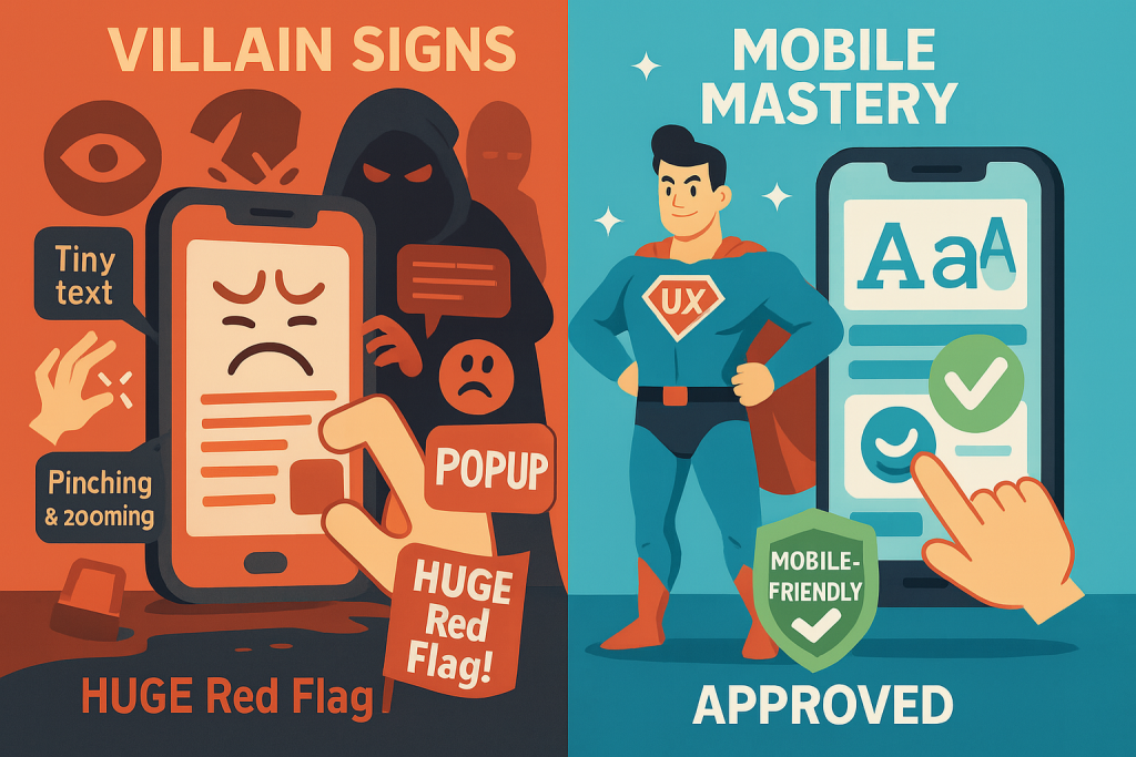 Infographic comparing bad mobile site issues with a user-friendly, mobile-optimized design featuring a superhero UX figure.
