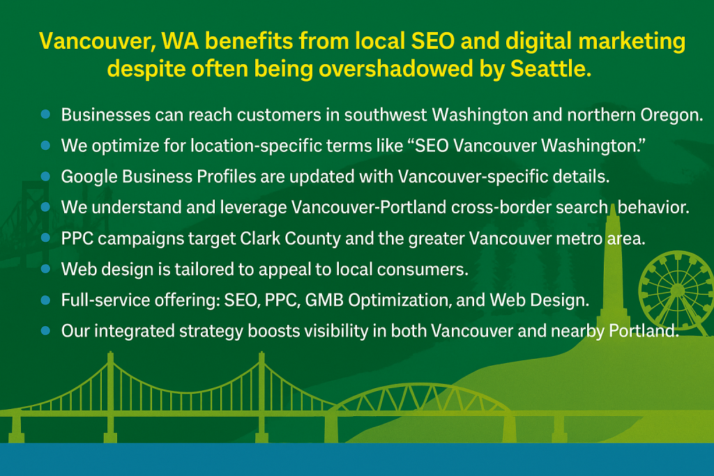 Digital marketing infographic for Vancouver, Washington featuring local SEO, PPC, web design, and cross-border search strategies. Landscape layout with green background and silhouettes of Vancouver landmarks and bridges. Highlights include Vancouver SEO targeting, Google Business Profile optimization, Clark County PPC, and integrated visibility strategy for Vancouver WA and Portland OR.