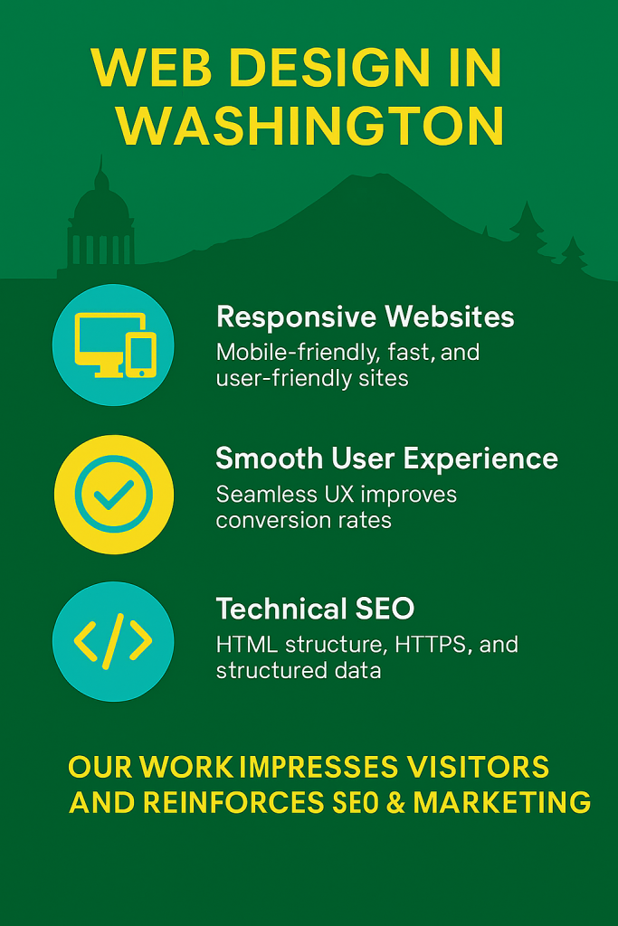 Web design in Washington infographic with green background and Washington state landmarks. Highlights three pillars of effective websites: responsive design, smooth user experience, and technical SEO. Emphasizes mobile-friendliness, conversion-focused UX, and HTML structure for SEO performance. Uses yellow and cyan icons in a clean, corporate portrait layout.