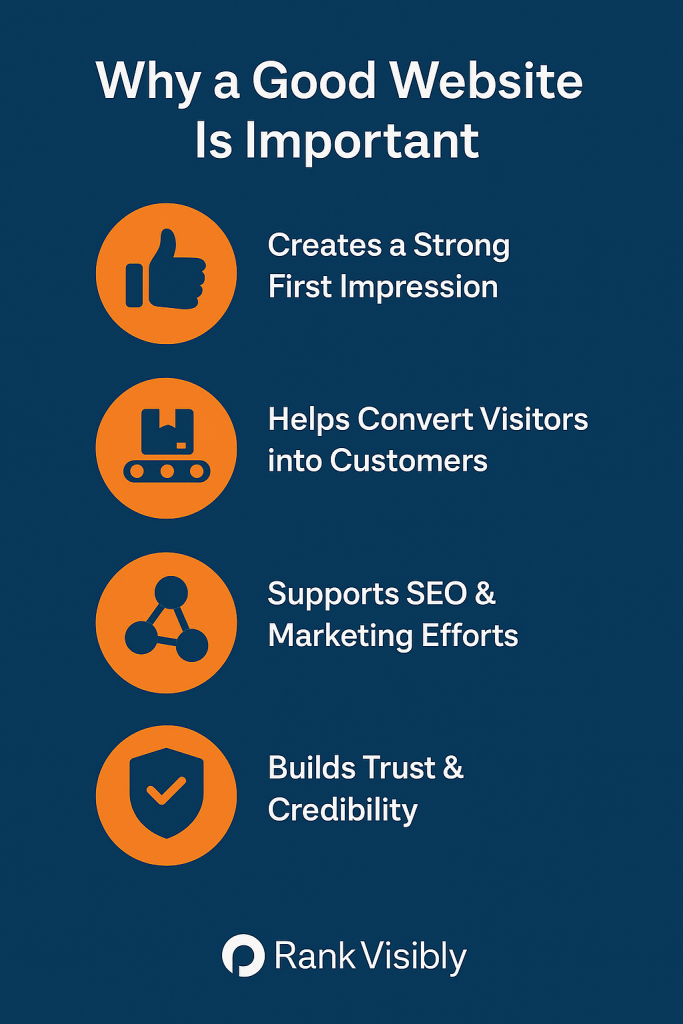 Flat-style infographic titled "Why a Good Website Matters" showing key benefits of professional web design, including credibility, mobile-friendliness, user experience, SEO performance, and lead conversion—designed for small businesses and digital marketers.