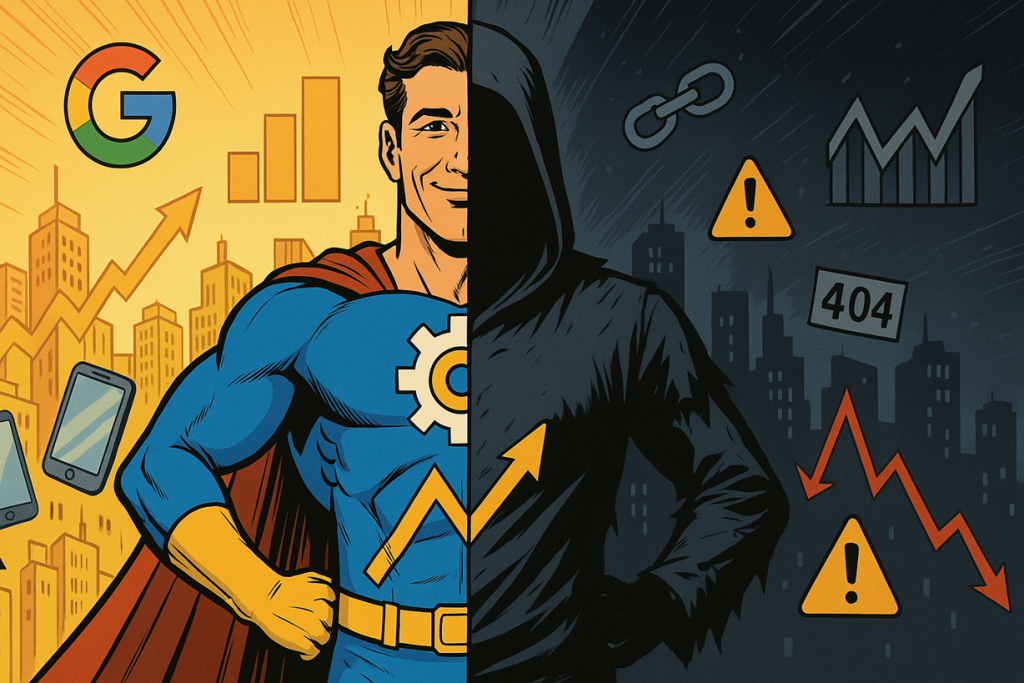 Split-screen infographic showing a website superhero versus a villain. The superhero side features Google success, upward graphs, and mobile optimization, symbolizing strong SEO performance. The villain side shows broken links, 404 errors, warning signs, and declining traffic, representing poor SEO practices. Comic book style with bright and dark contrasting themes.