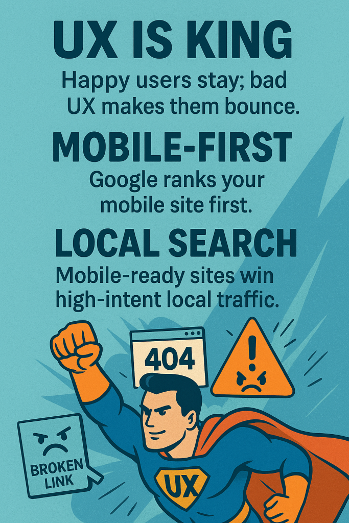 Superhero with UX emblem fixing broken links and errors, highlighting UX, mobile-first, and local search optimization.