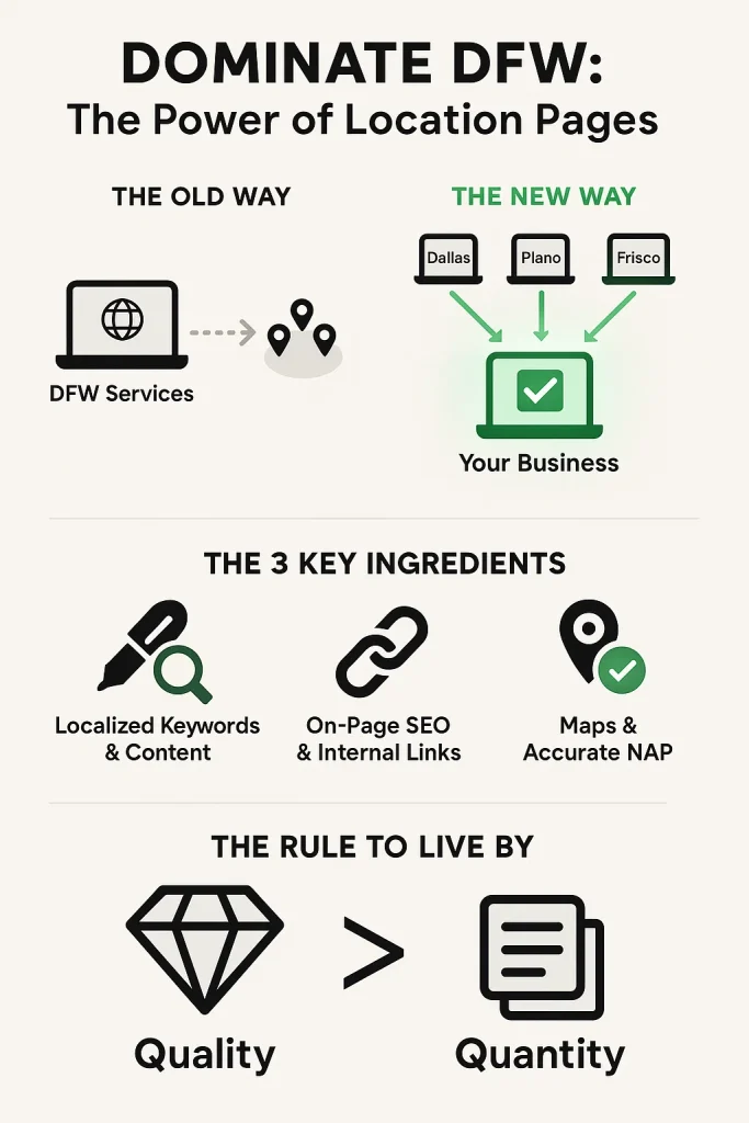 Infographic showing how location pages help businesses dominate the Dallas-Fort Worth area, emphasizing localized keywords, on-page SEO, internal links, maps with accurate NAP, and the importance of quality over quantity in content strategy.
