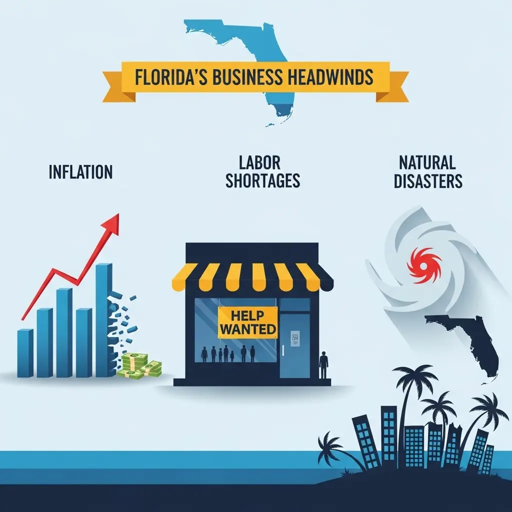 Infographic showing key business challenges in Florida including inflation, labor shortages, and natural disasters. Features bar graph with rising inflation, storefront with 'Help Wanted' sign, and hurricane icon over Florida map.
