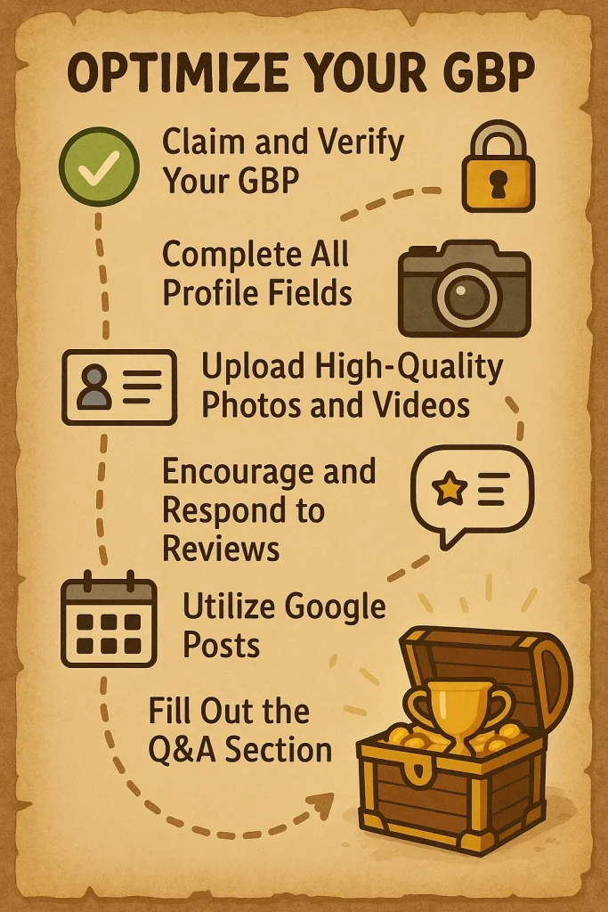 Infographic showing steps to optimize Google Business Profile: claim and verify profile, complete all fields, upload high-quality photos and videos, respond to reviews, utilize Google Posts, and fill out Q&A section.