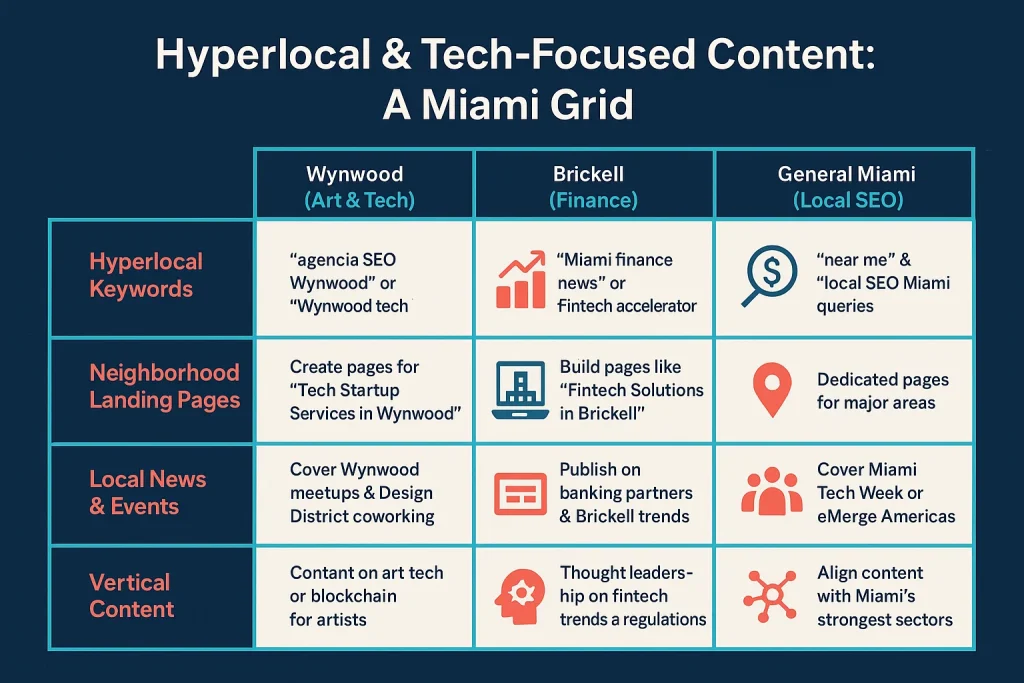 Miami SEO content strategy infographic showing a hyperlocal and tech-focused grid for Wynwood, Brickell, and general Miami. Highlights keywords, neighborhood landing pages, local news, and vertical content opportunities for startups, finance, and local SEO.