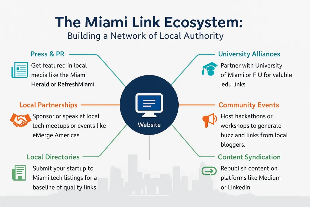 Miami Link Ecosystem infographic showing six strategies for building local authority backlinks: Press & PR, University Alliances, Local Partnerships, Community Events, Local Directories, and Content Syndication. Visual network map with a website at the center and colored nodes radiating outward.