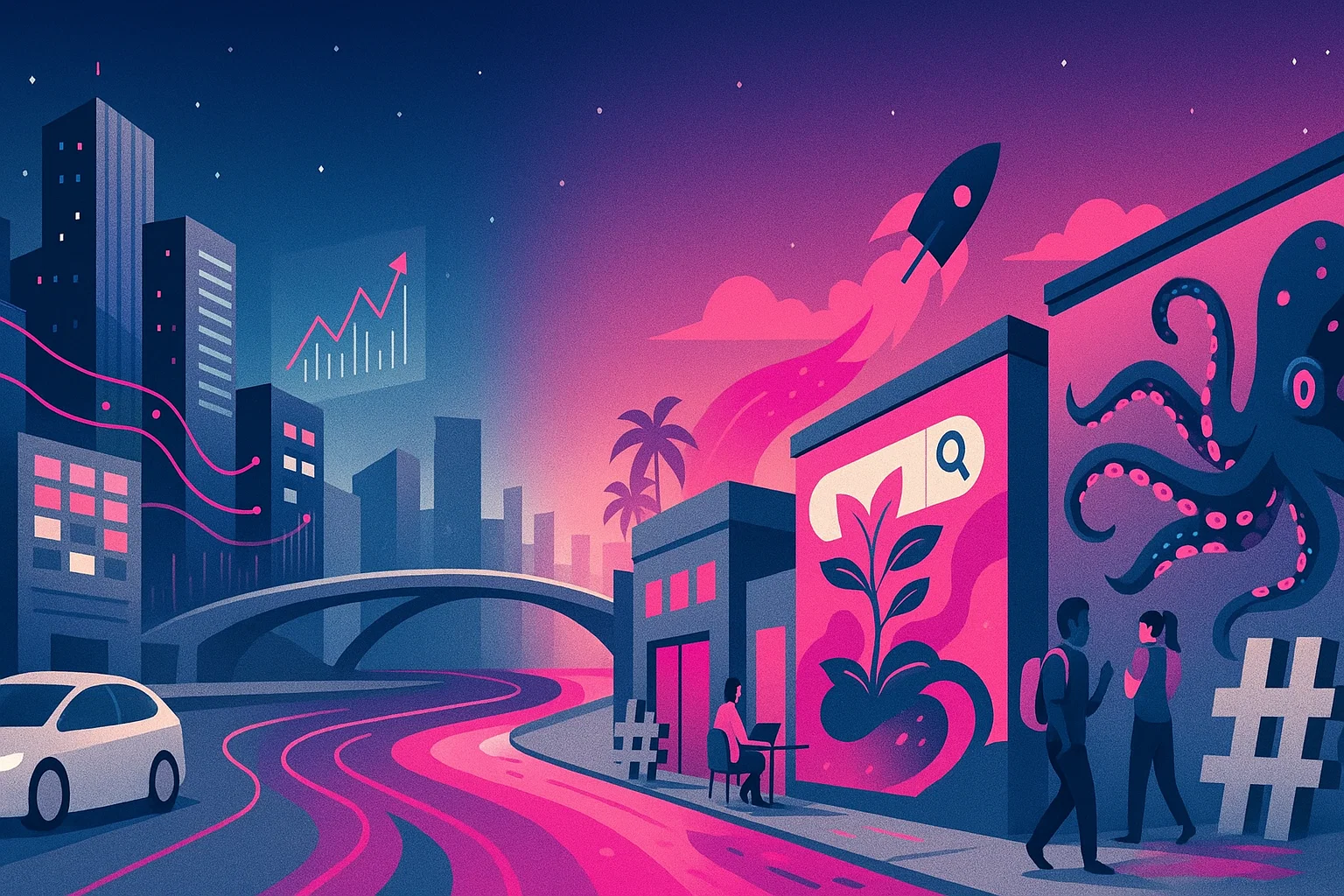 Brickell skyline merging into Wynwood murals; magenta SEO path, rocket and analytics—local SEO growth for Miami startups.