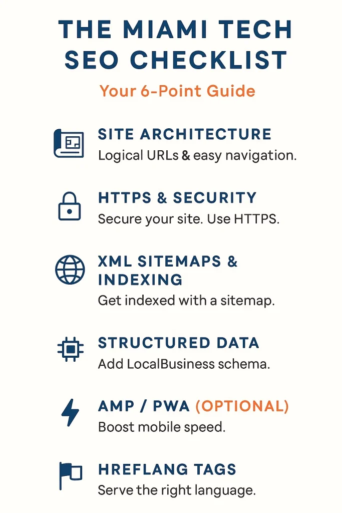 Infographic — The Miami Tech Startup SEO Checklist: 6 technical SEO steps (Site Architecture, HTTPS & Security, XML Sitemaps, Structured Data, AMP/PWA, Hreflang Tags).