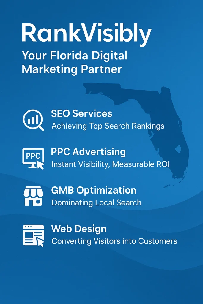RankVisibly infographic highlighting Florida digital marketing services: SEO services for top search rankings, PPC advertising for instant visibility and ROI, Google My Business (GMB) optimization for local search dominance, and web design focused on converting visitors into customers. Includes a map of Florida in the background.