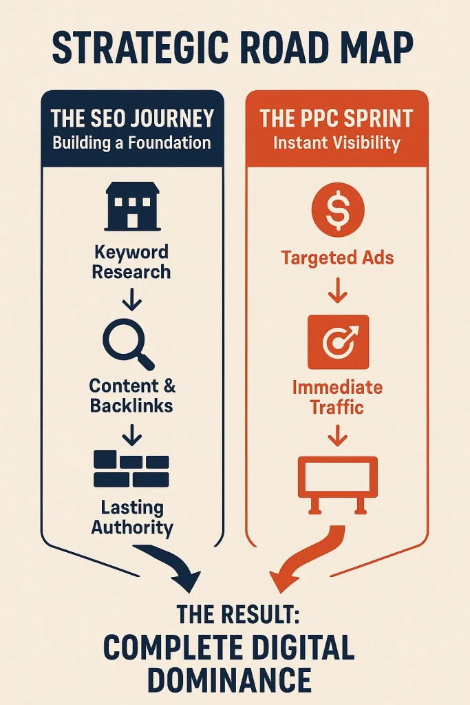 Digital marketing strategy infographic comparing SEO journey for lasting authority through keyword research, content and backlinks with PPC sprint for immediate traffic via targeted ads, leading to complete online dominance.