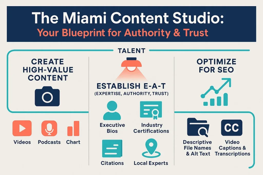 Miami Content Studio infographic showing a blueprint for authority and trust in SEO. Highlights three pillars: creating high-value content (videos, podcasts, charts), establishing E-A-T with executive bios, certifications, citations, and local experts, and optimizing for SEO with descriptive file names, alt text, and video transcriptions.