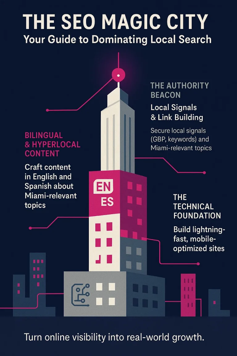 SEO Magic City infographic showing a vertical cityscape with three strategic pillars for dominating local search: The Technical Foundation (fast, mobile-optimized sites), Bilingual & Hyperlocal Content (English and Spanish content for Miami), and The Authority Beacon (local signals, GBP, keywords, and link building). Magenta highlights represent data flow and authority.