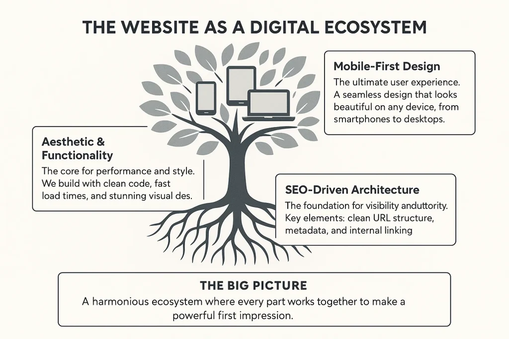 Infographic — ‘The Website as a Digital Ecosystem’: tree graphic showing Mobile-First Design, Aesthetic & Functionality, and SEO-Driven Architecture.