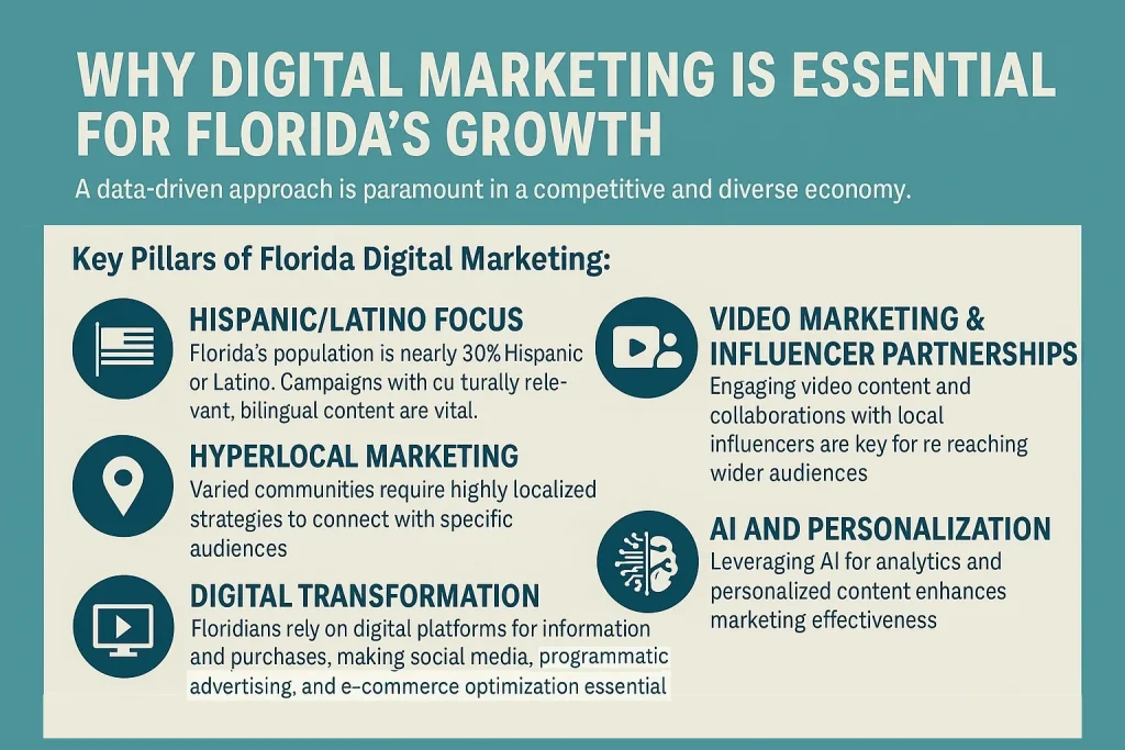 Infographic titled "Why Digital Marketing Is Essential for Florida’s Growth" highlighting five key pillars: Hispanic/Latino focus, hyperlocal marketing, digital transformation, video marketing and influencer partnerships, and AI-driven personalization. Emphasizes the need for data-driven strategies in Florida’s diverse economy.