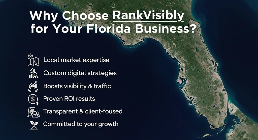 Digital marketing graphic for RankVisibly highlighting reasons to choose their services for Florida businesses, including local market expertise, custom strategies, proven ROI, and client-focused transparency, over a satellite map of Florida.