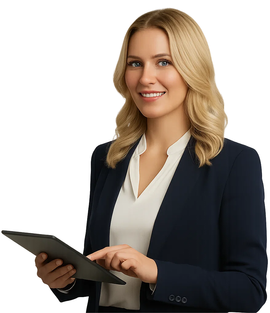 Confident head of marketing on a clean white background