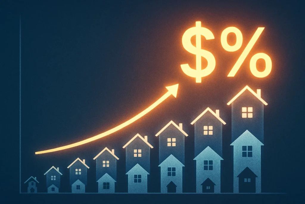 Mortgage website marketing near me: upward arrow over homes with $ and % symbols showing local SEO growth and higher conversions for brokers
