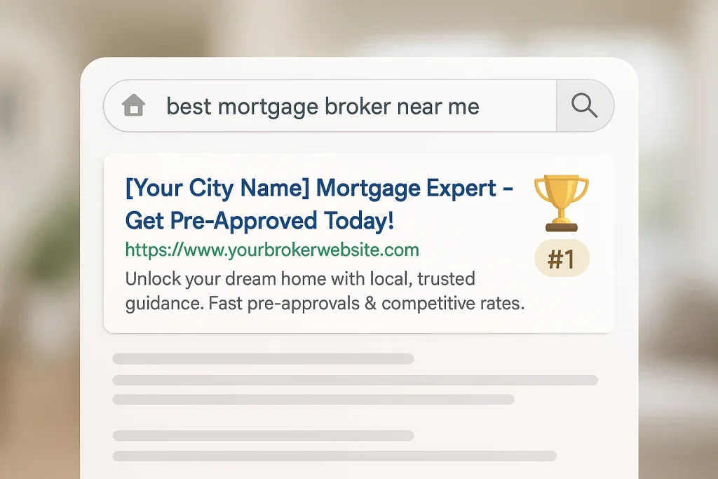 Mock Google search result for “best mortgage broker near me” showing a #1 ranking — featured image for SEO for mortgage brokers playbook.
