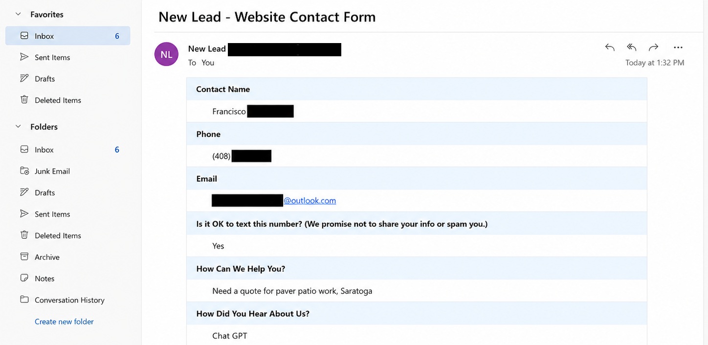 Inbound lead contact form showing ChatGPT as the referral source