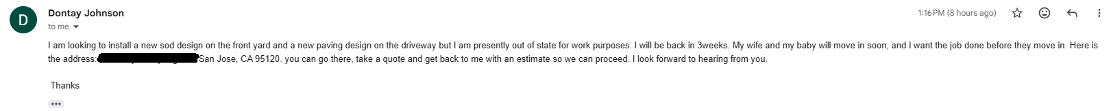 Inbound lead email from Dontay Johnson requesting sod design and paving in San Jose 95120