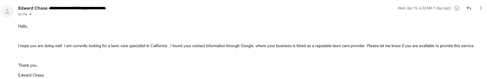 Inbound lead email from Edward Chase noting he found Landscape Associates of CA via Google