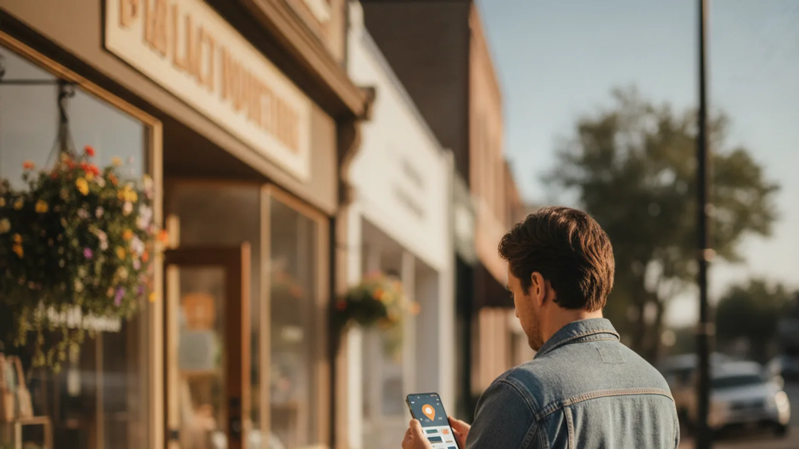 Owner of a small service business checking their Google Business Profile on a phone outside their shop.