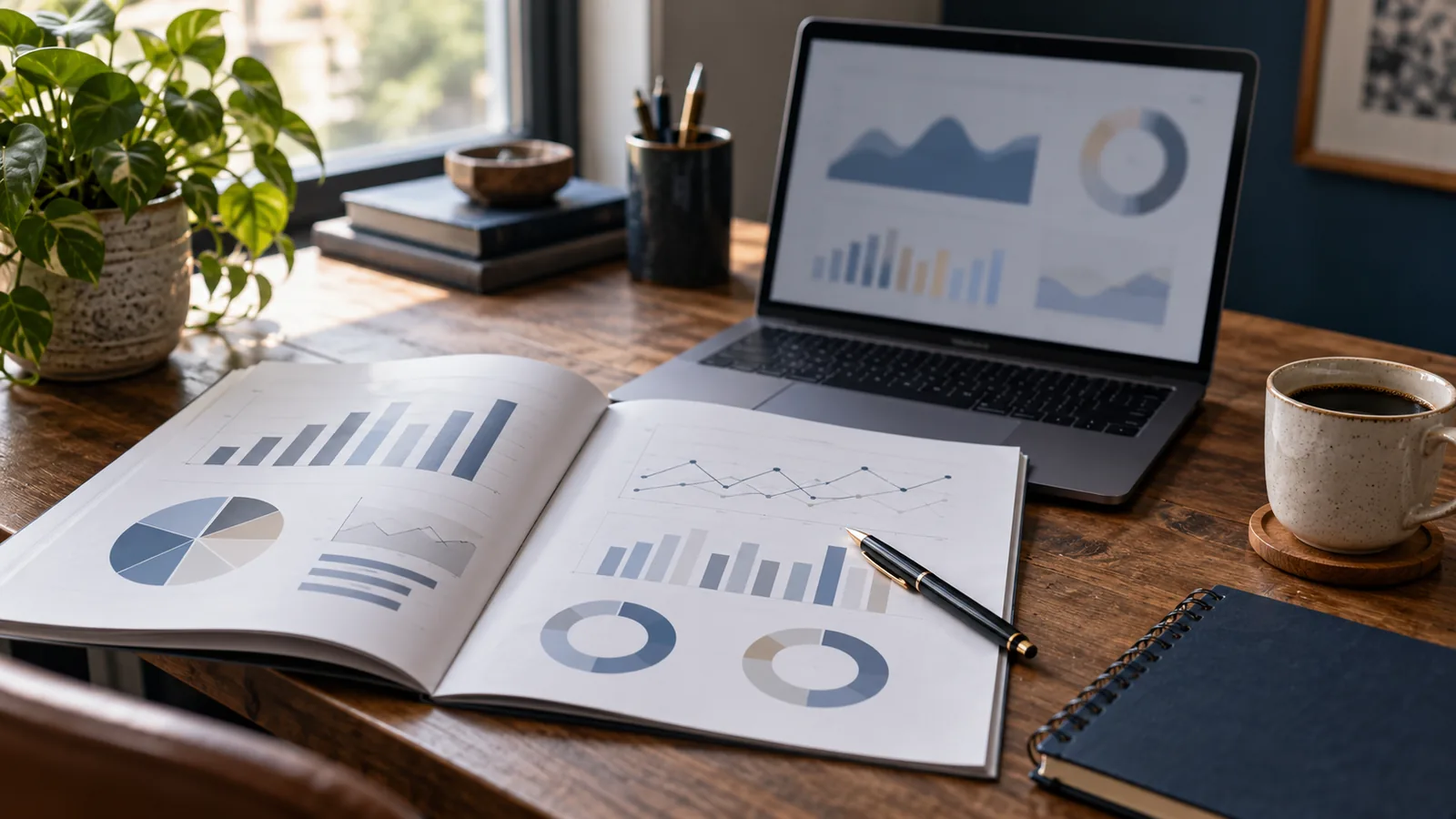 A printed website audit report open on a desk beside a laptop, pen and notebook.