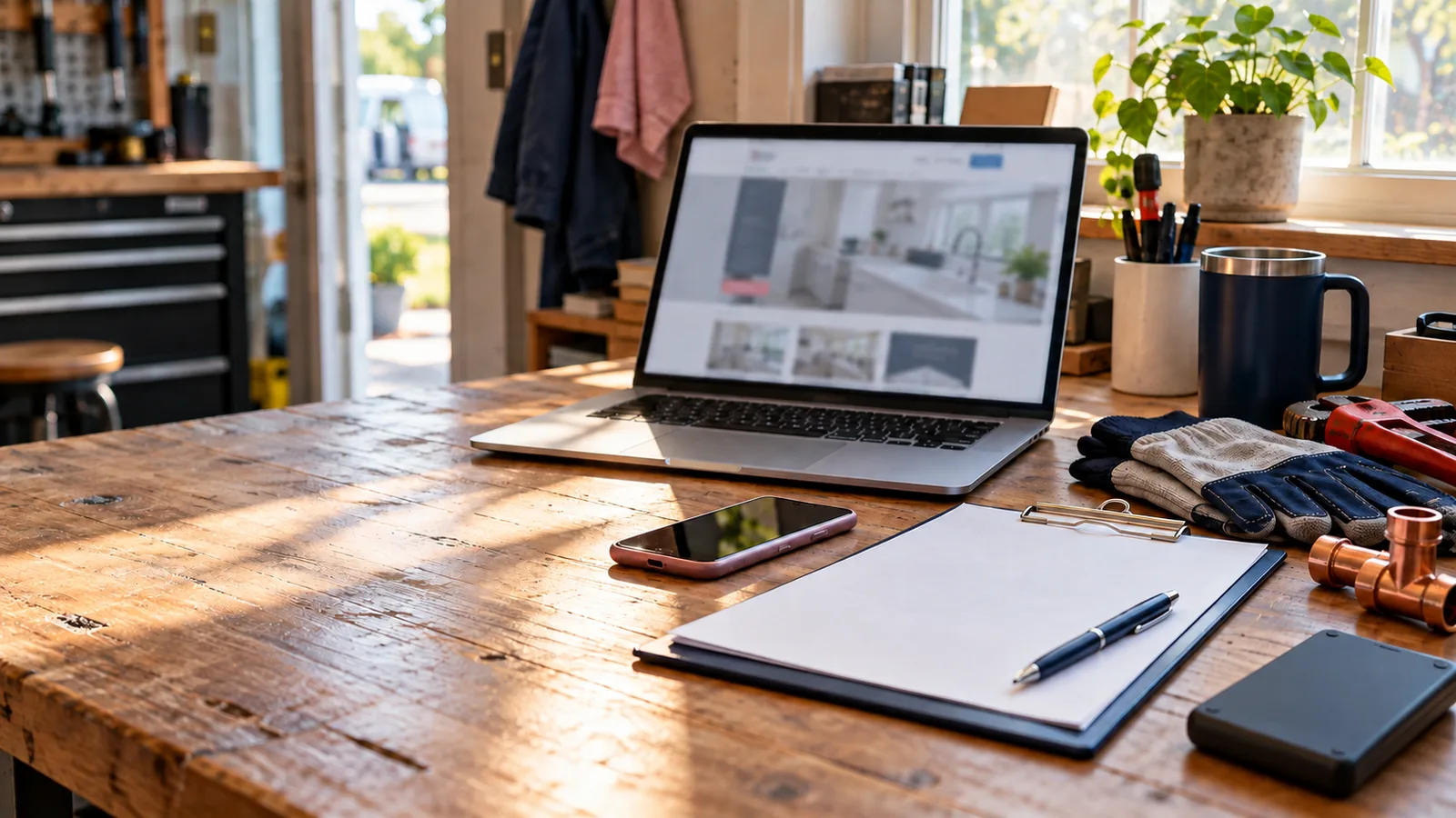 Laptop showing a small business website on a workshop desk beside a clipboard, phone, work gloves and copper pipe fittings