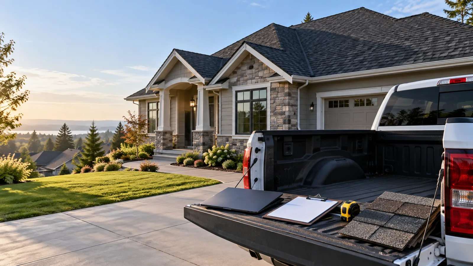 Roofing tools, shingle samples, a blank clipboard, and a closed laptop on a pickup tailgate outside a house with a finished shingle roof.