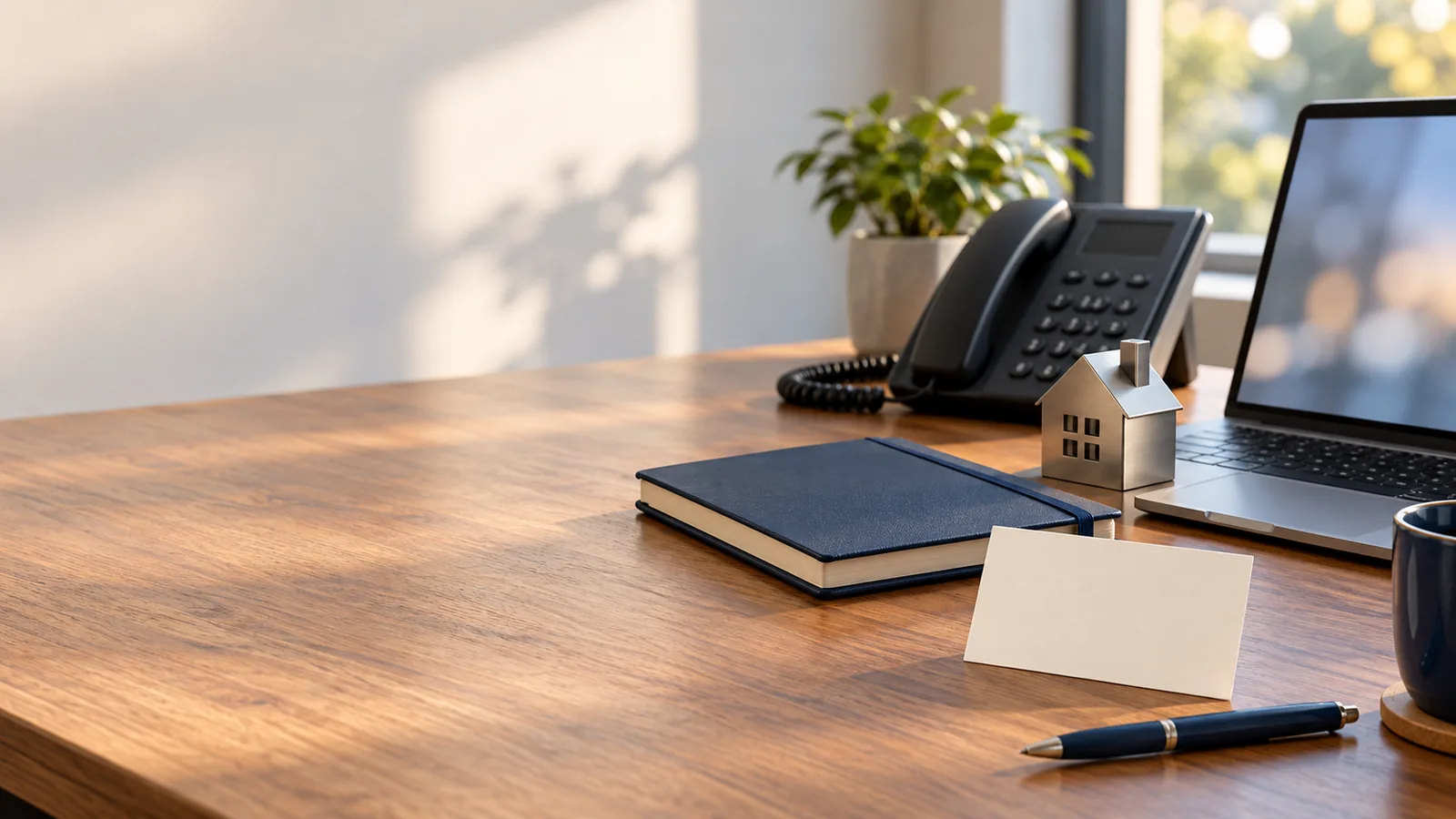 A tidy office desk with a laptop, desk phone, blank business card,