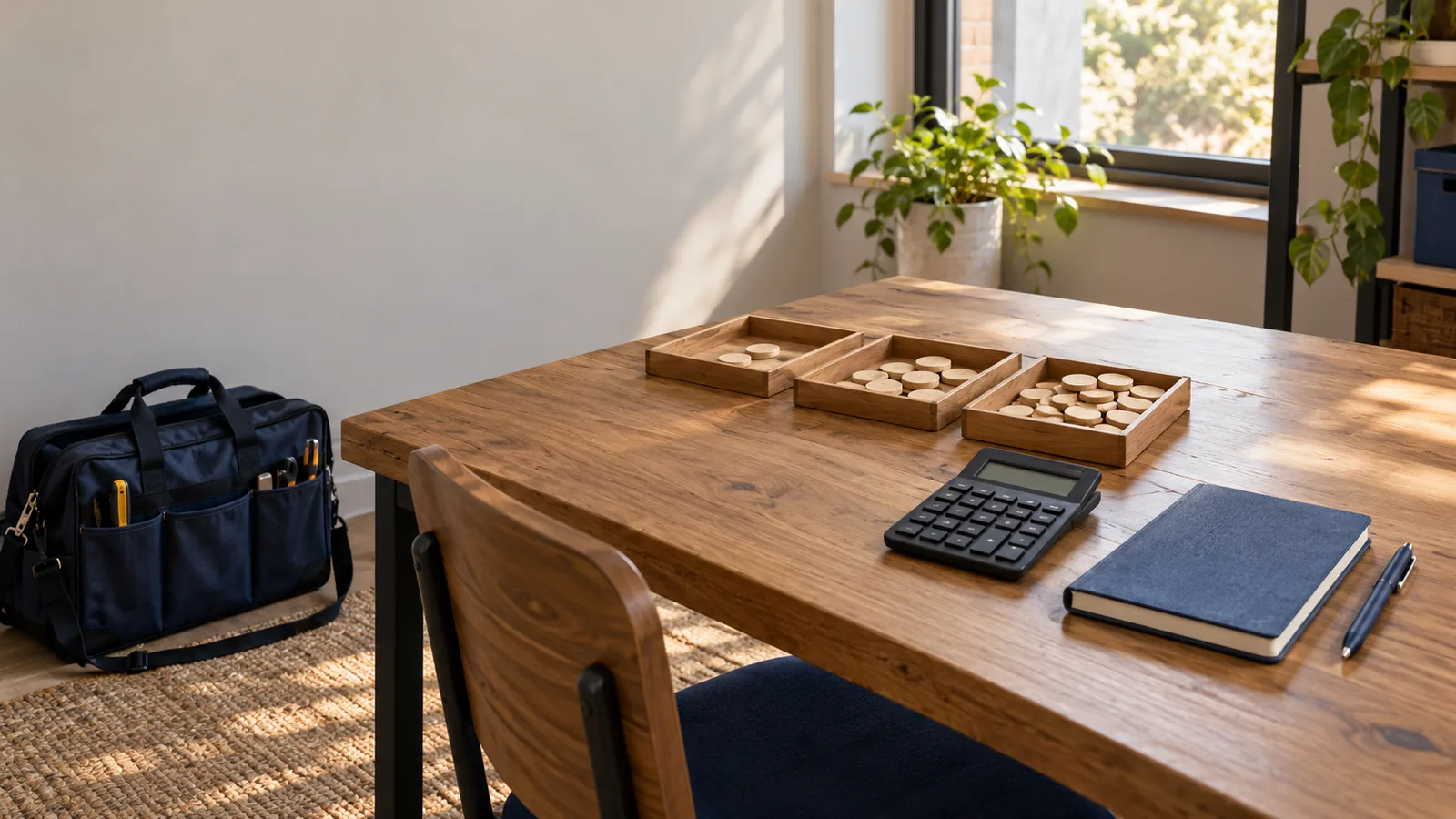 A wooden desk with three trays holding different amounts of wooden tokens, beside a calculator, a notebook and a pen.